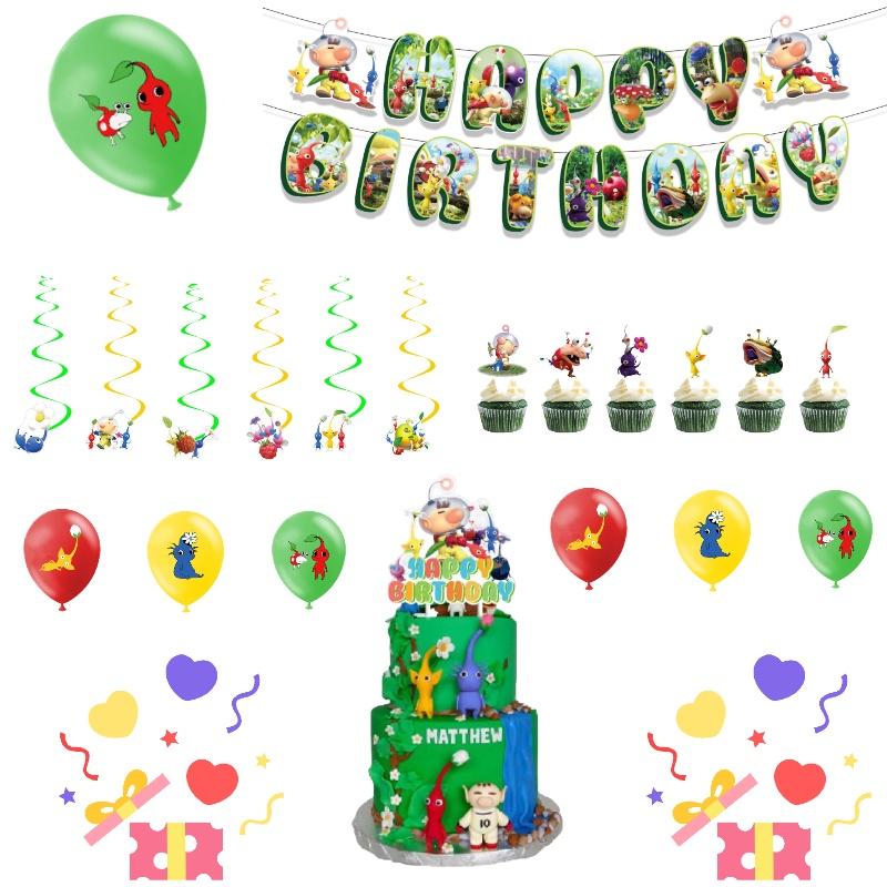 Sada Narozeninových Dekorací Pikmin-4 Vlaječky Balónky Zápichy a Závěsné Dekorace