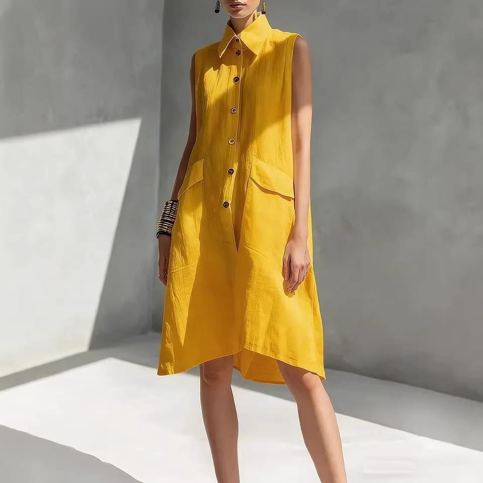 New 2026 European Summer Solid Color Sleeveless Cotton Linen Lapel Dress
