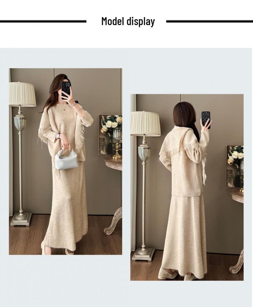 Women's Autumn/Winter High-End Knit Set: Tassel Shawl, Sweater & Skirt.