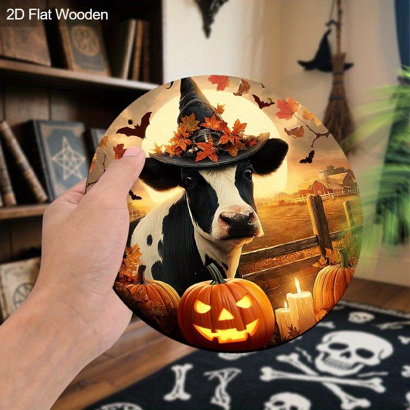 2D Flat 1pc Wooden Halloween Vintage Decorative Sign,Cow with Witch Hat and Pumpkin Pattern Design, Wall Hanging Decor,Ideal Halloween Festive Gift