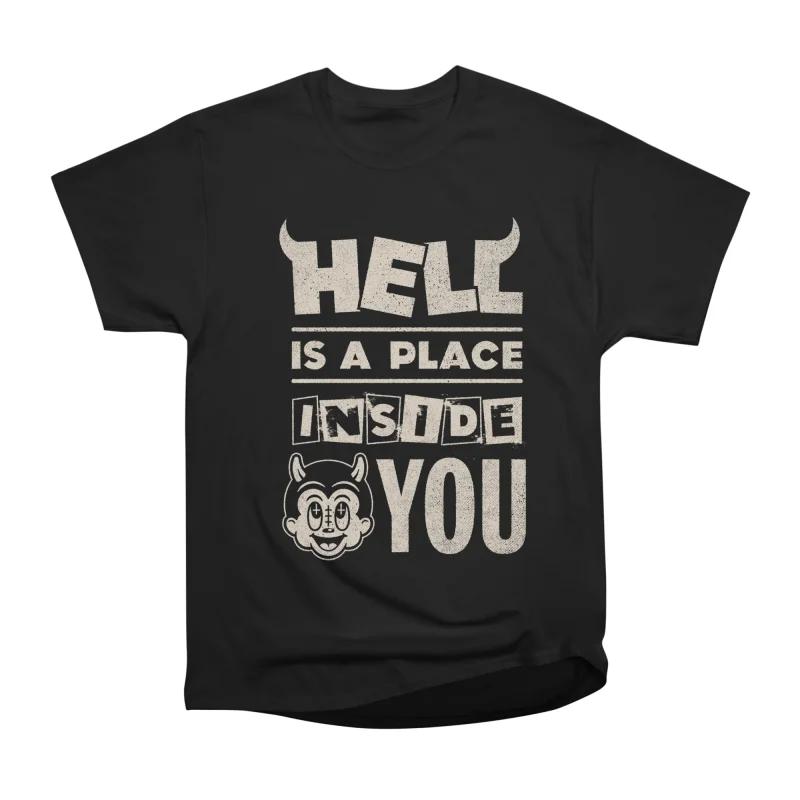 Men Casual Shirts Short Sleeves HELL IS A PLACE INSIDE YOU Black Tees Oversized T-shirts S