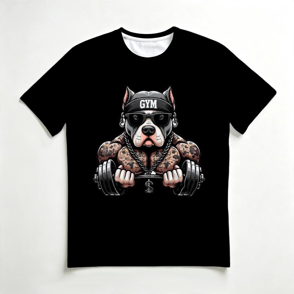 Men's Crew Neck Short Sleeve T-Shirt, Fashion 3D Muscular Tattoo Pitbull Gym Dumbbell Graphic Casual Daily Wear Tee