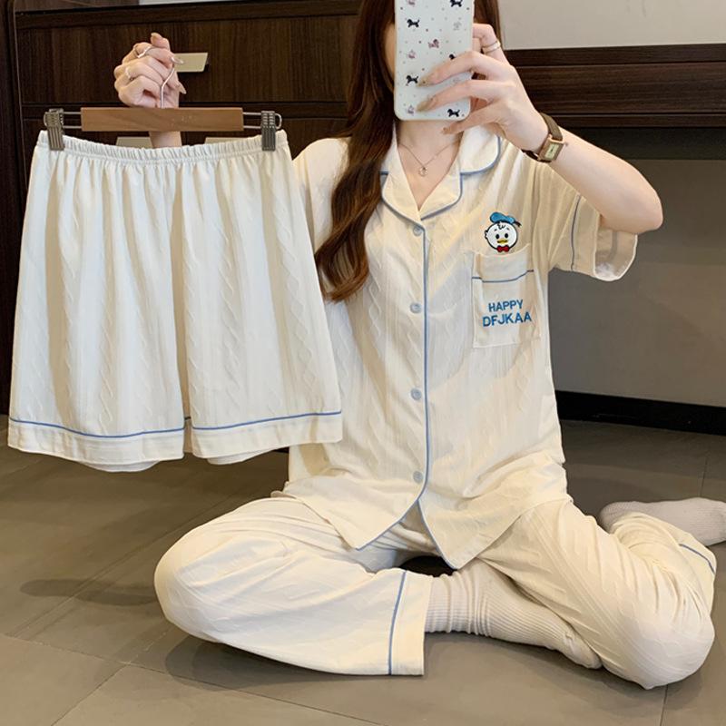 Donald Duck Cartoon Pajamas Women's Summer New Imitation Cotton Jacquard Cute Loungewear Short-sleeved Three-piece Set
