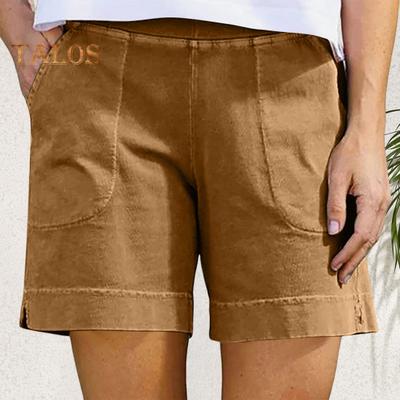Women's Cotton Linen Shorts Elastic Waist Baggy Short Pants with Pockets Casual Knee-Length Summer Shorts