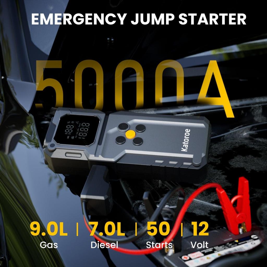 5000A Jump Starter with Air Compressor, 150PSI Tire Inflator, LED Light, Portable 12V Car Battery Jumper with Cables