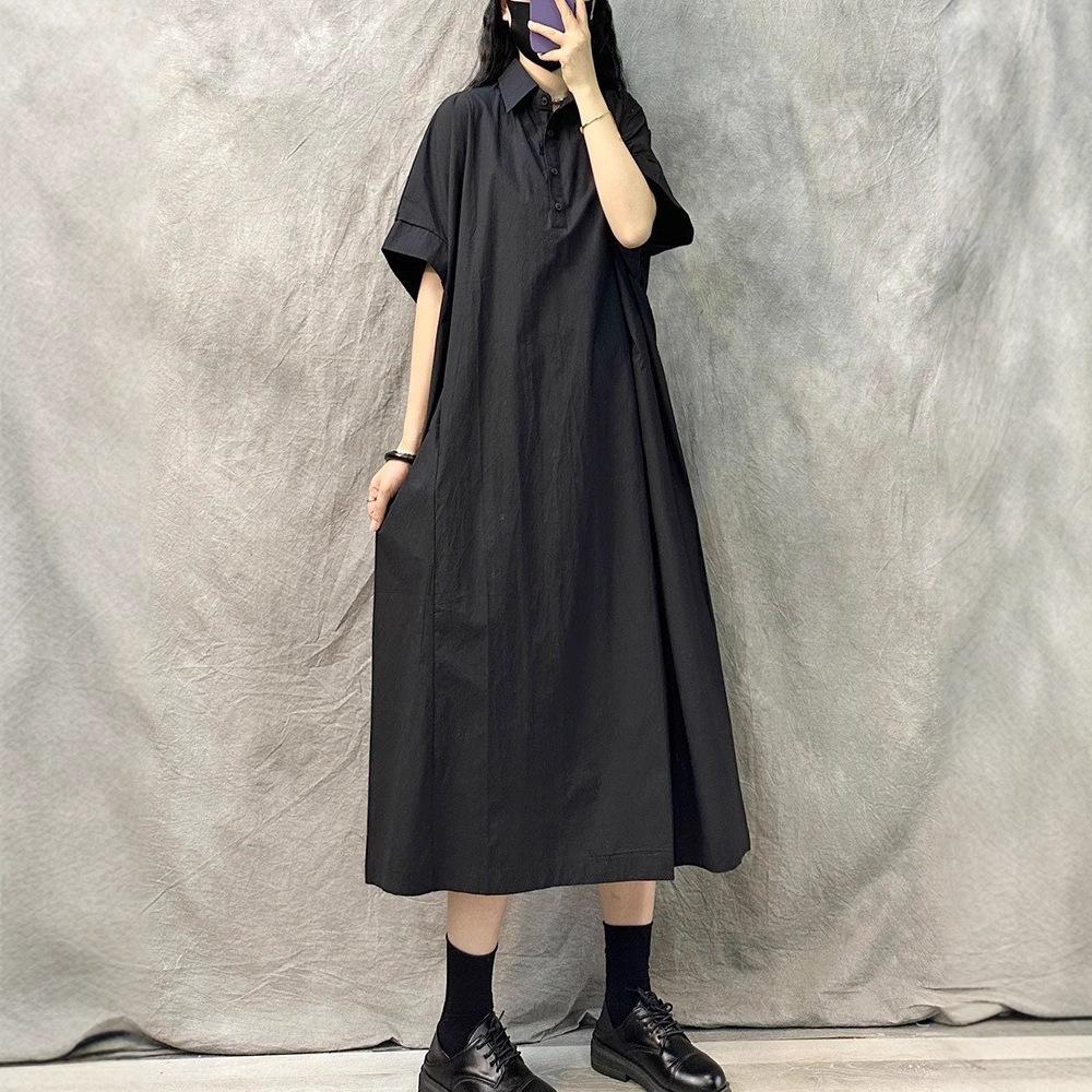 Lapel Short-sleeved Casual Dress Women's 2025 New Summer Large Size Loose Temperament Fashion Solid Color Medium and Long Dress