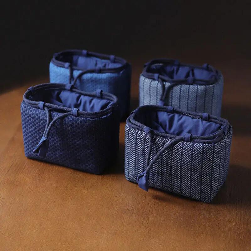 Large Denim Tea Set Carry Bag for Teapot with Four or Six Cups Portable Storage Organizer for Travel Outdoor Use No Cups