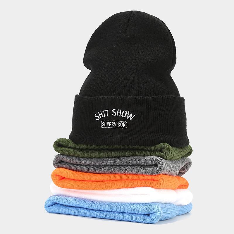 70G round machine acrylic knitted hat tide SHIT SHOW embroidered letter stack wool hat winter hundred personality hat