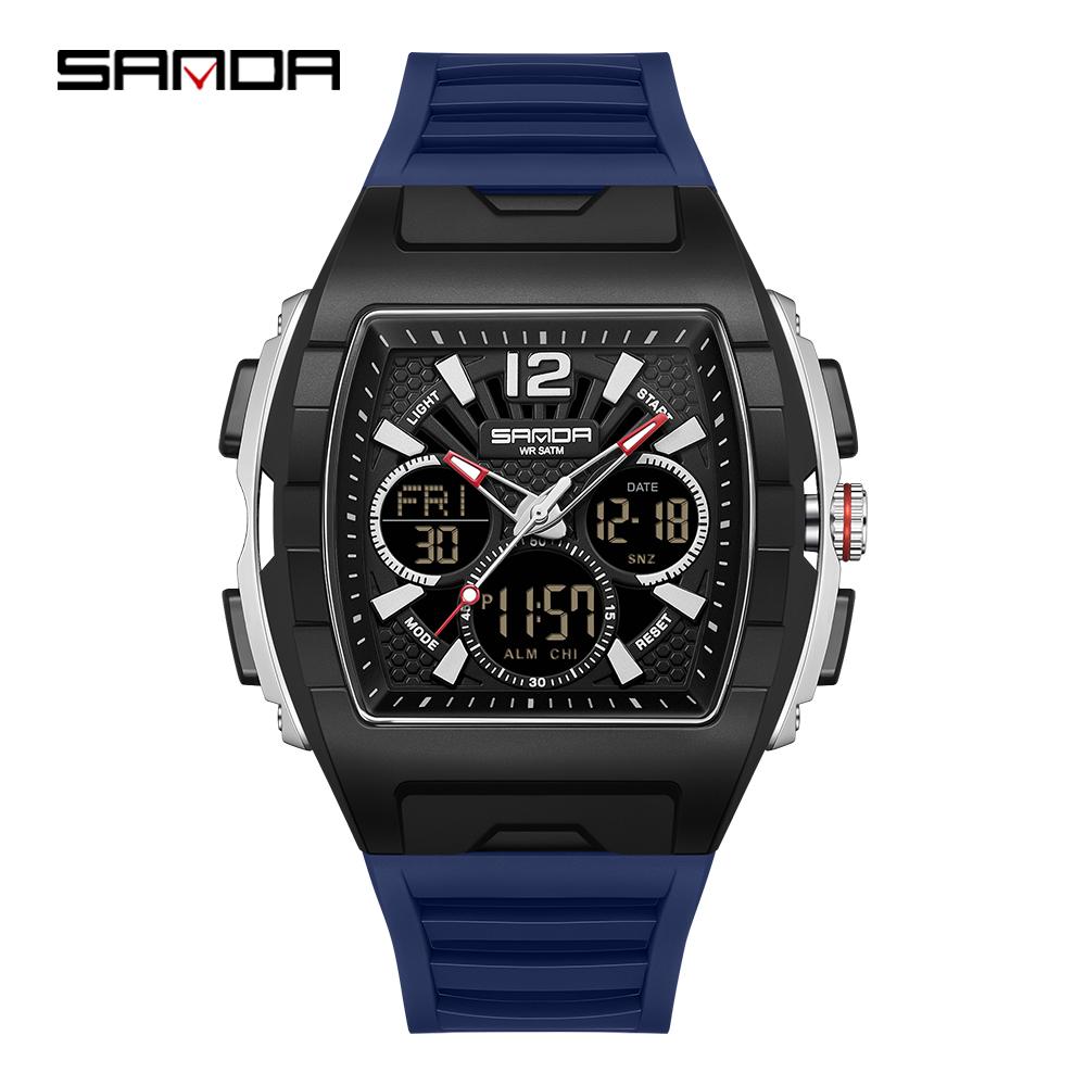 SANDA SD3396 Electronic Watches for Man Dual Display Luminous Alarm Clock Sports Waterproof LED Digital Watch