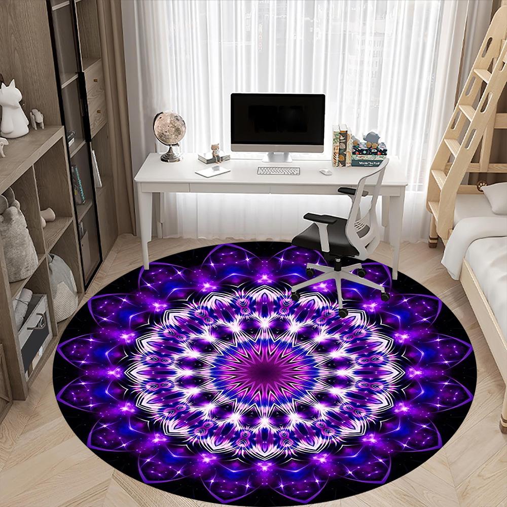 1pc Purple Mandala Chair Carpet for Office, Round Polyester Mat, Indoor Decor for Office, Easycare Fabric, Washable Non-slip Area Carpet