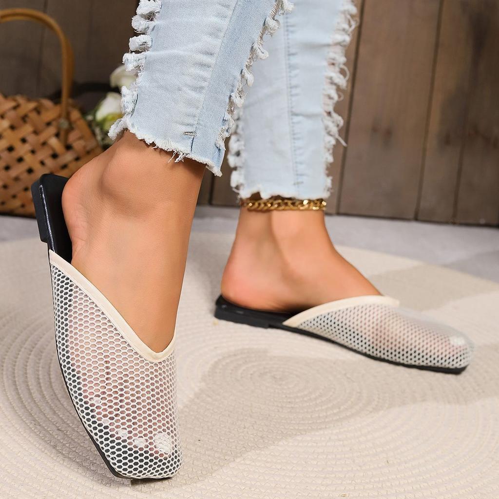 Simple non-slip lazy sandals Korean version of Baotou slippers 2025 new flat-bottomed fashion outer wear hollow mesh slippers