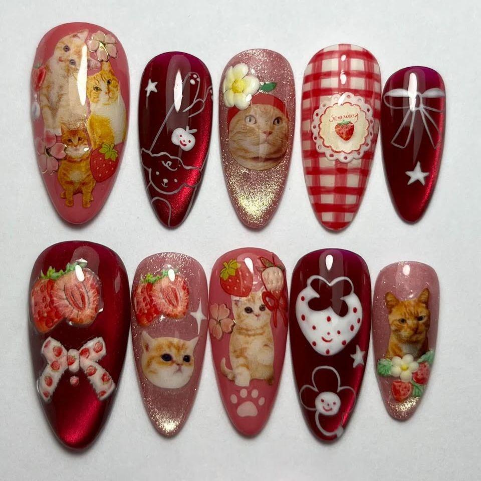 

24PCS Retro Red Almond Press on Nails Cute Strawberry Cartoon Cat Bow Patterns Fake Nails for Women Wearable Fake Nails Manicure
