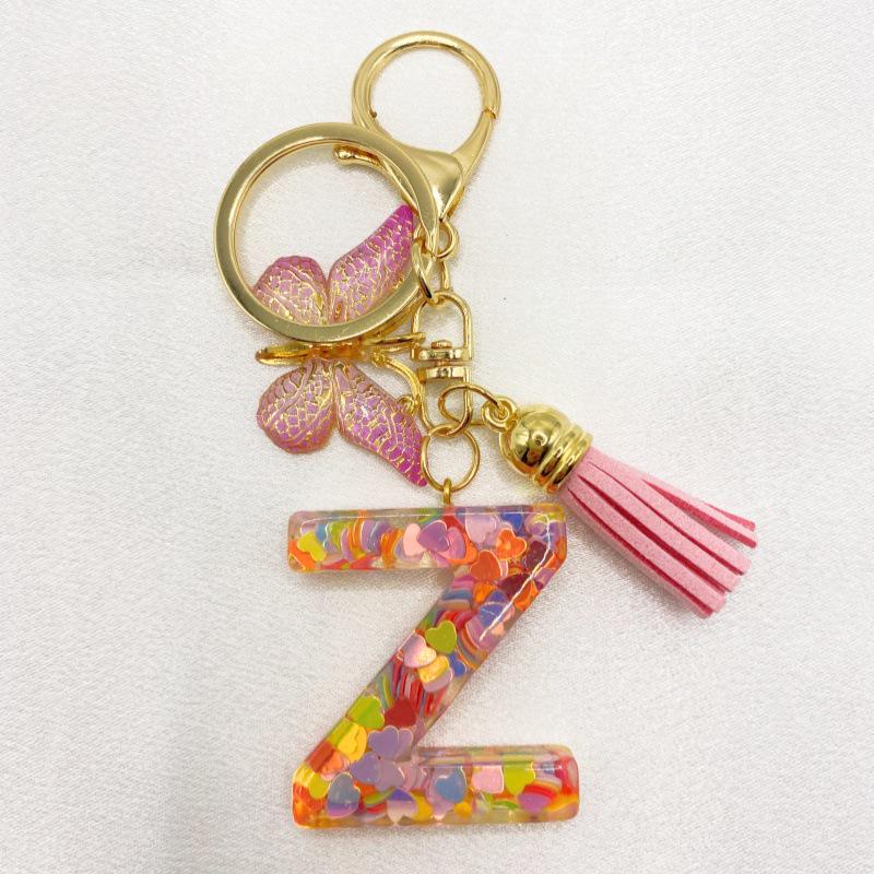 26-Letter Alphabet Resin Keychain with Star Sequins & Tassel Charm