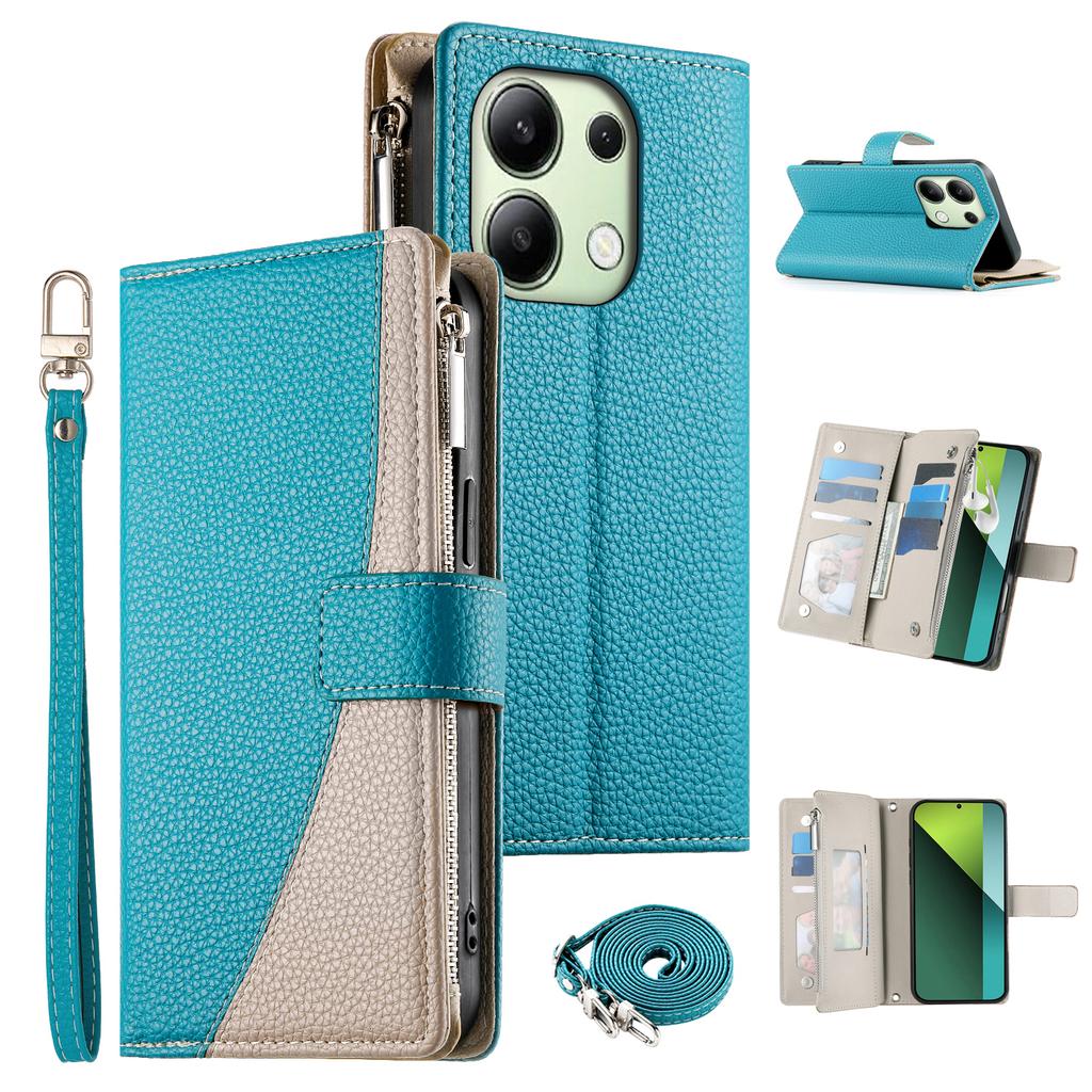 For Xiaomi Redmi Note 13 4G Case Zipper Wallet Color Splicing Leather Flip Phone Cover with Straps
