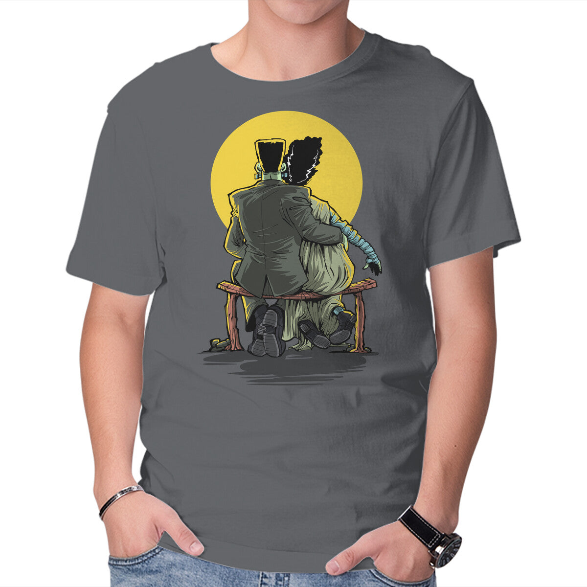 Unisex Crew Neck T-Shirt Monster And Bride Gazing At The Moon Graphic Short Sleeve Casual Tee XS