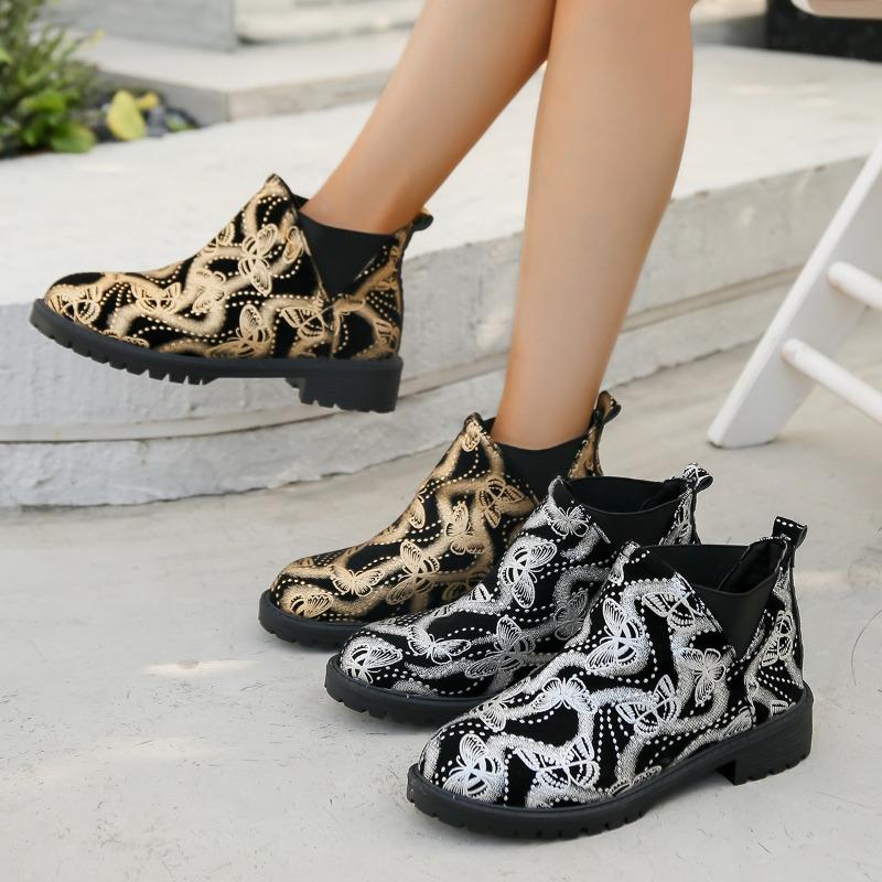 Large Size Short Boots Women's Autumn and Winter New Fashion Butterfly Print Round Head Short Sleeve Foot and Ankle Martin Boots