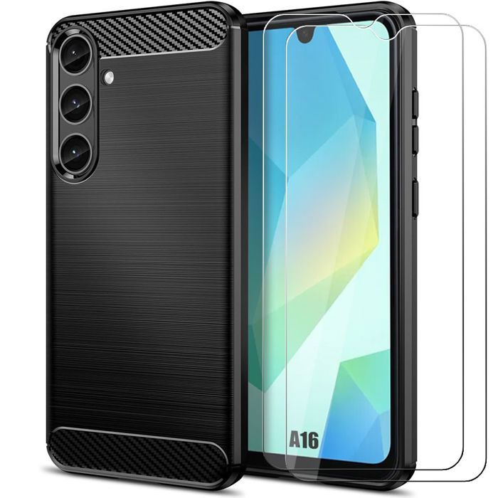 Coque pour Samsung Galaxy A16 4G/5G - BOOLING - Silicone Noir Effet Fibre Carbone - 2 Verres Trempés