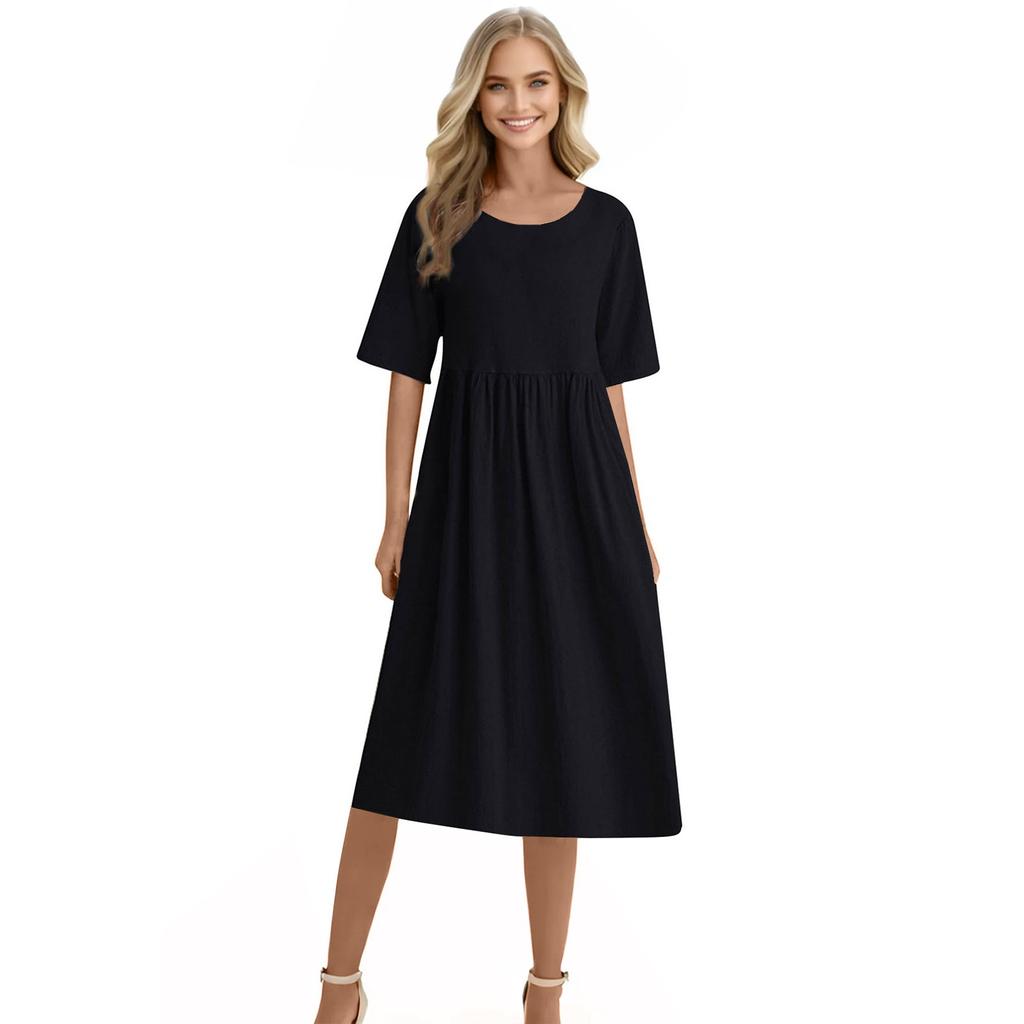 Women's Solid Color Loose Waist Mid Length Dress Cotton Linen Round Neck Dress