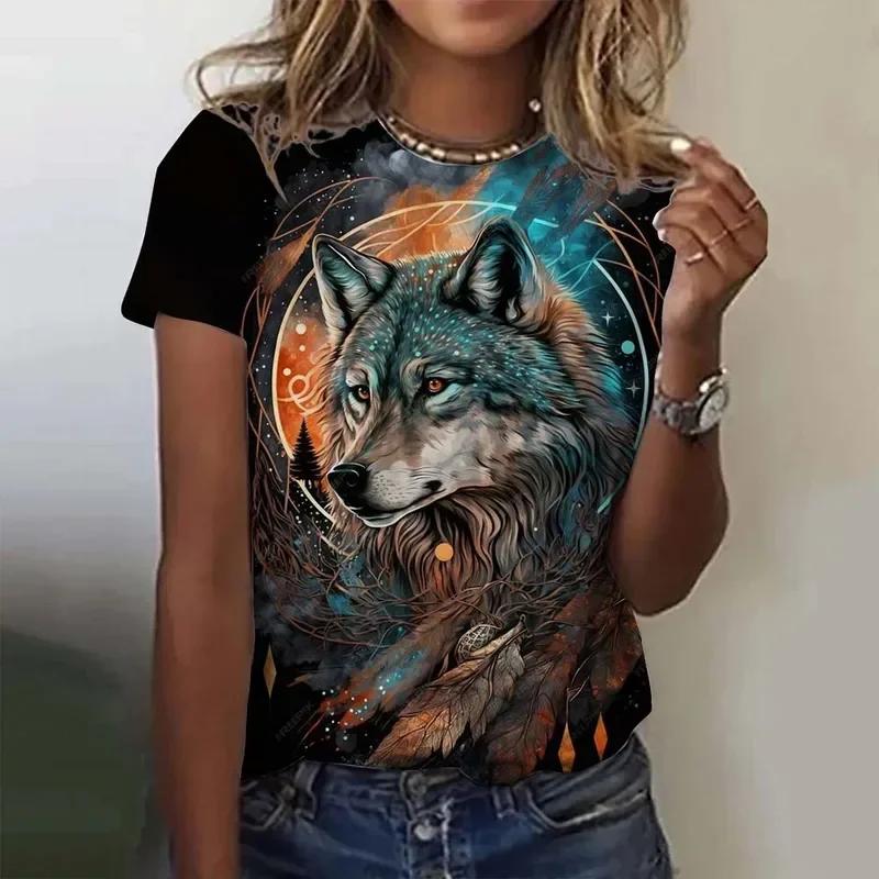 3D printed animal T-shirt women's fun wolf pattern T-shirt summer new Harajuku T-shirt top loose short sleeved clothes
