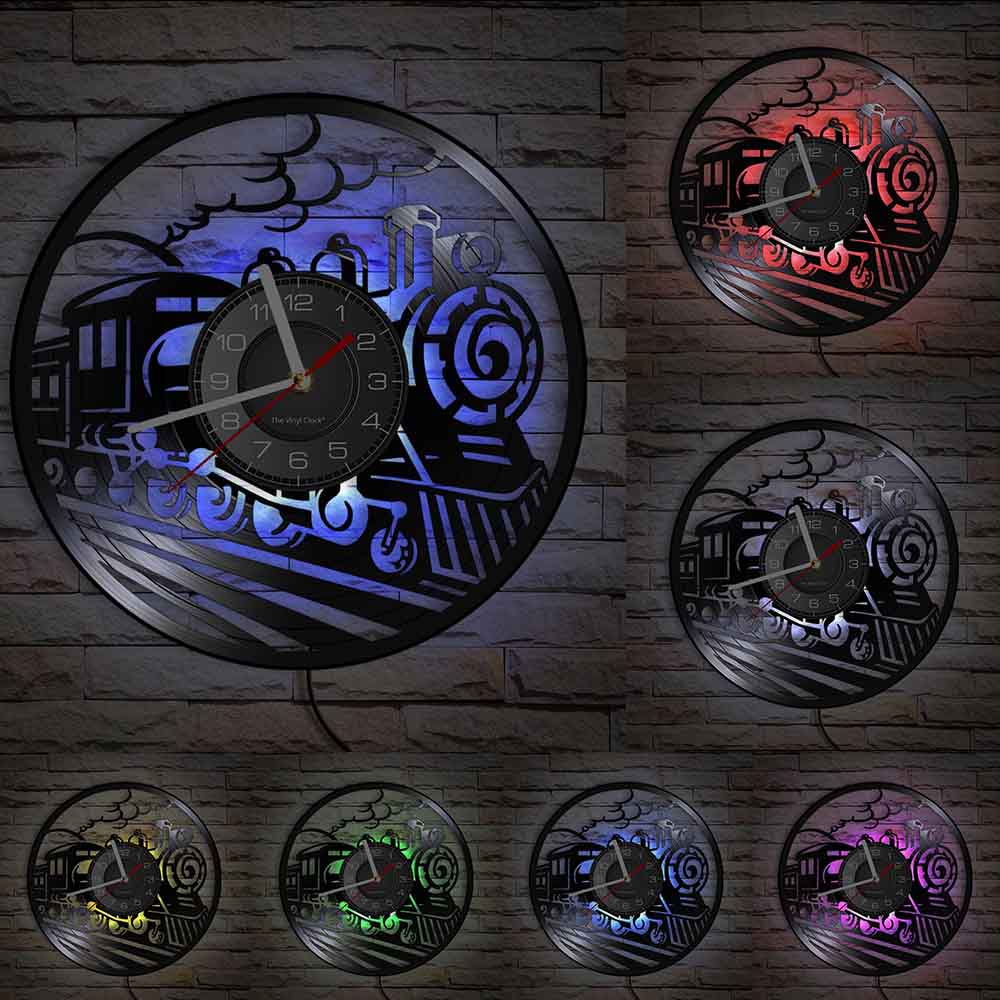 Old Train Railway Engine Vinyl Record Wall Clock Transportation Art Locomotive Home Decor Steam Engine Vintage Crafts Wacth