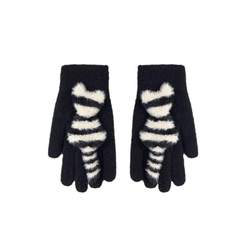 Cute Striped Cat Finger Knitted Wool Gloves Female Winter Thickened Warm Cold Student Riding