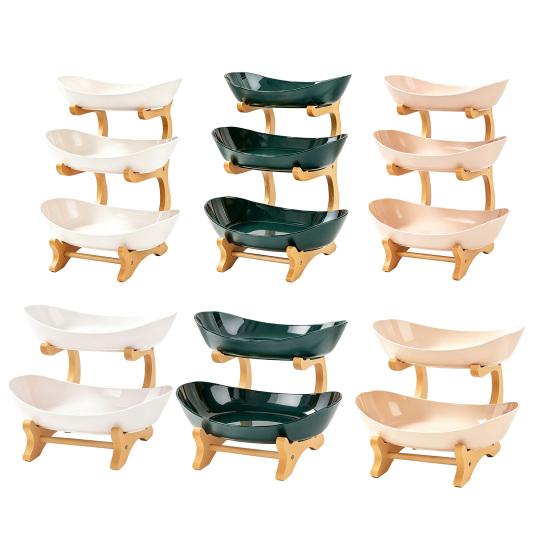 Multi Layer Fruit Basket with Bamboo Stand, Plastic Tiered Snack Tower for Candy Nuts, Space Saving Kitchen Counter Organizer for Living Room