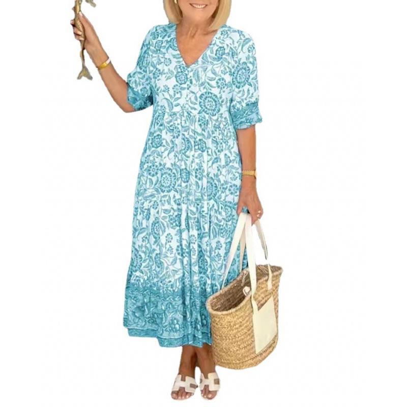 

Женское пляжное платье для отпуска на море, супер фея, V-образный вырез, цветочный принт, свободное, универсальное, длинная юбка, большой размер XS озеро зеленый