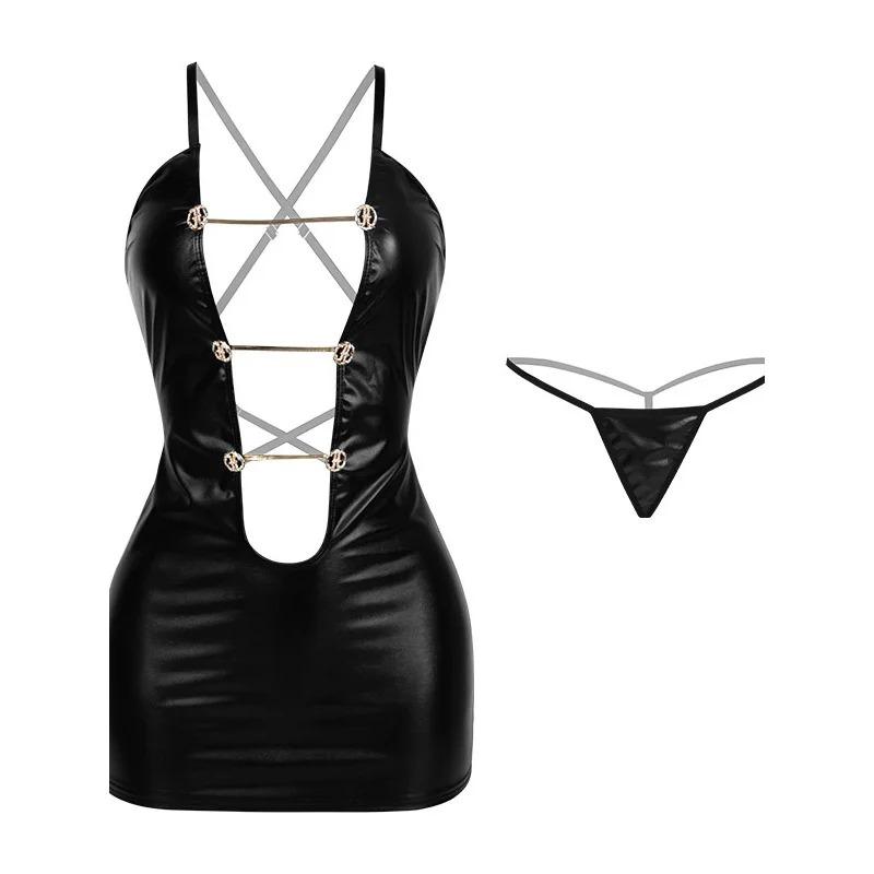 Sexy Lingerie Hollowed Out Patent Leather Suspender Beautiful Cross Shoulder Strap Nightclub Dress Elegant Hot Sexy Women YN15