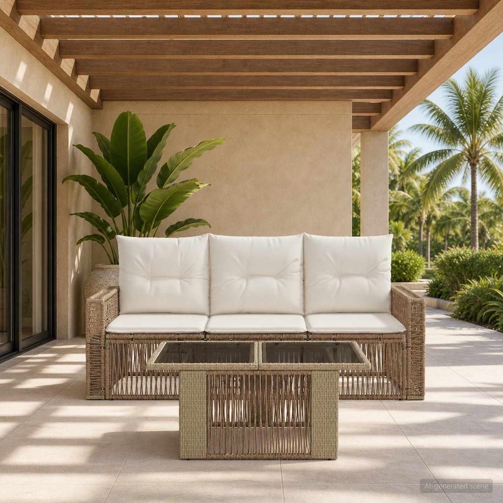 Garden Sofa Set 4 pcs. Beige and Cream White Poly Rattan