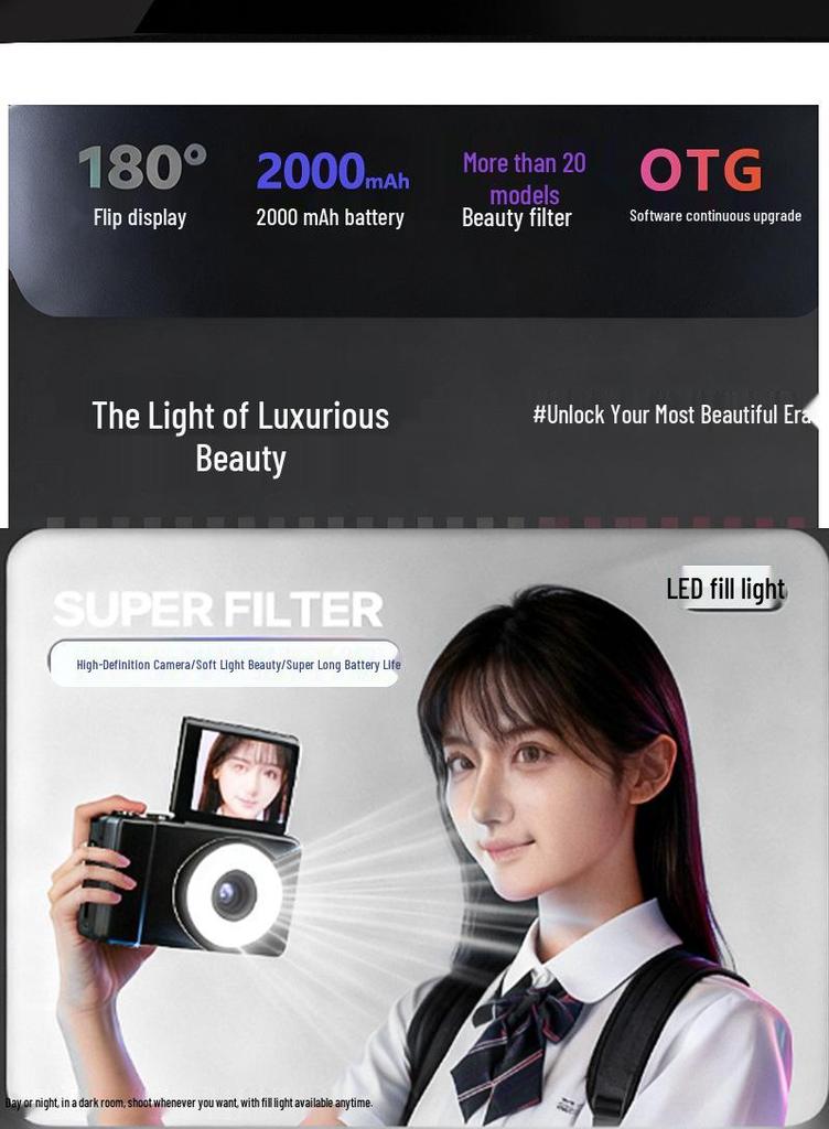 Cross-Border Flip Screen Mirrorless CCD Digital Camera with HD Video, 5MP, and LED Fill Light.