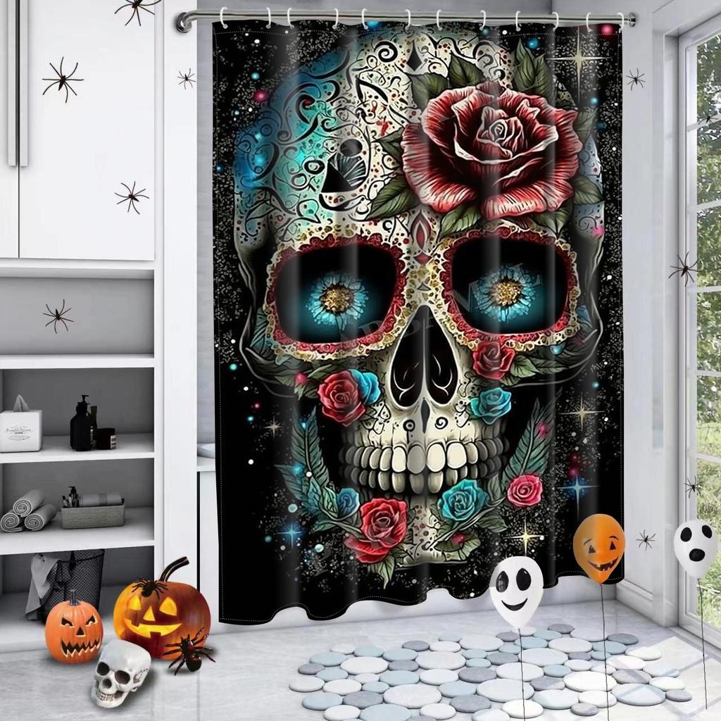 Halloween Theme Flower Skull Pattern Bathing Curtain Bathroom Shower Curtain Waterproof With 12 Hooks Home Deco Free Ship