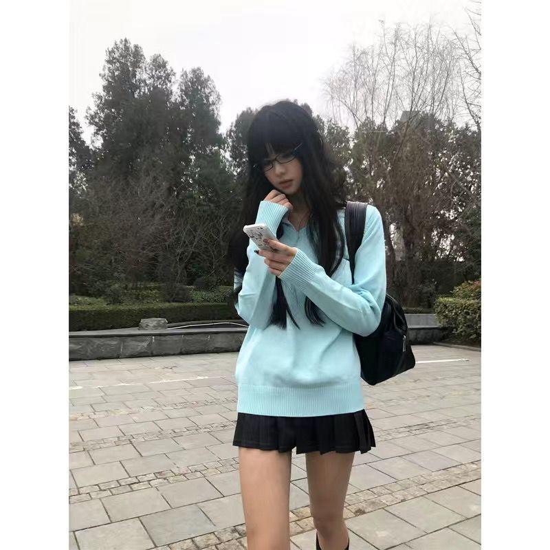 Preppy V-Neck JK Uniform Sweater Set: Autumn-Winter Long-Sleeve Versatile Outerwear for Girls