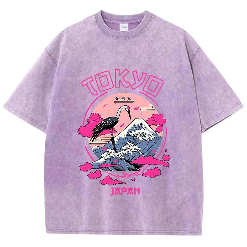 Vintage Womens Acid Wash T-Shirts Tokyo Harajuku Printing Tees Crewneck Cotton Oversized Short Sleeve Fashion  Clothes