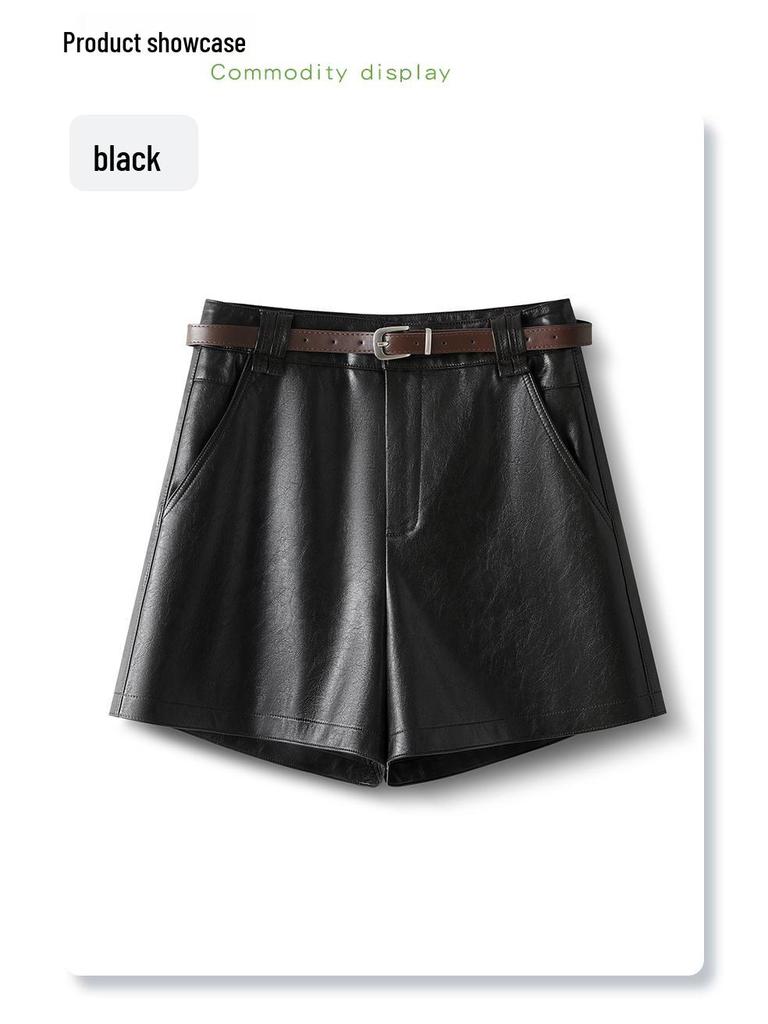 Coffee PU Leather High-Waisted A-line Shorts for Women & Girls - Winter 2025 Fashion, Slimming & Versatile