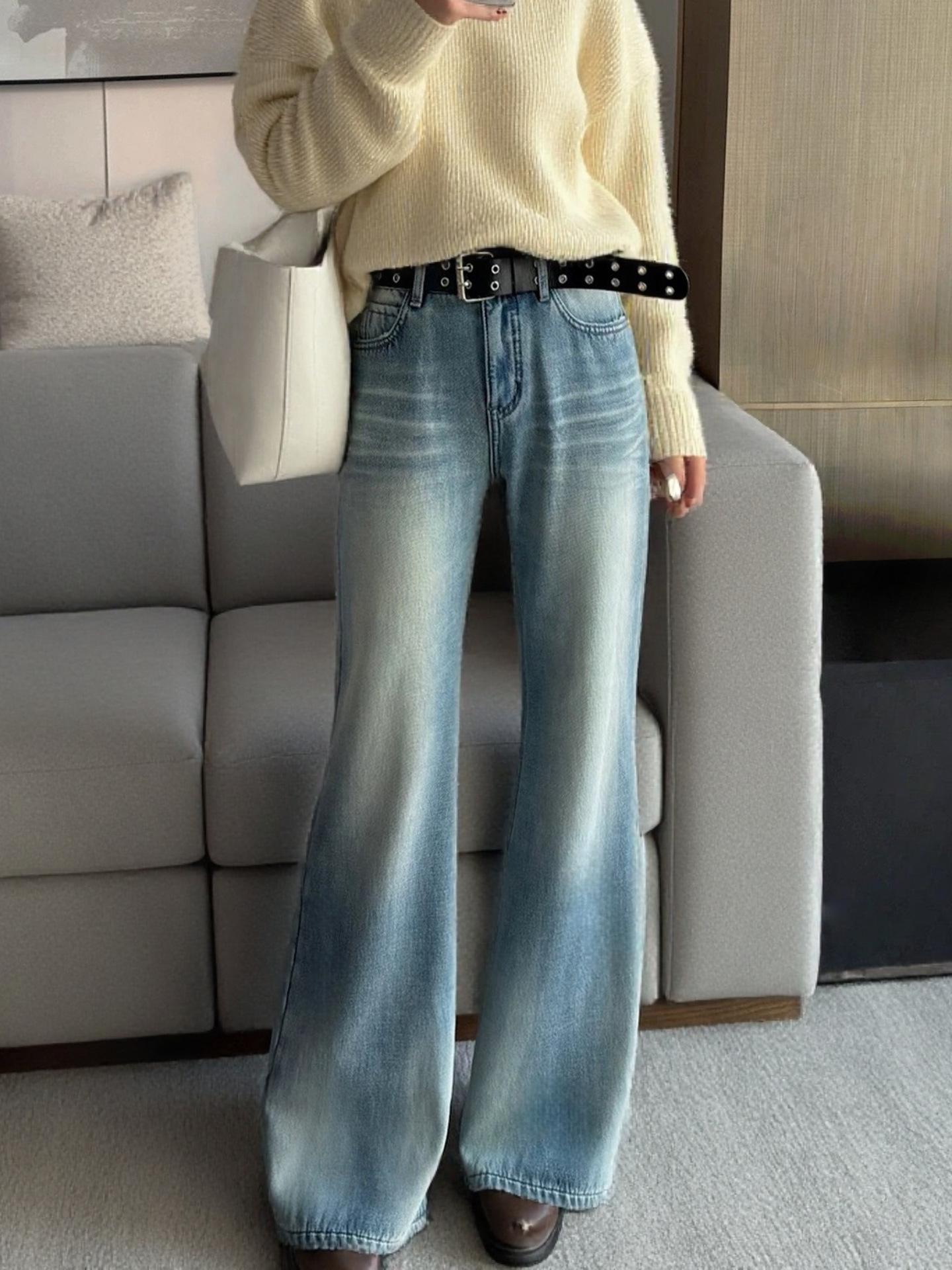 Women s High Waist Flare Jeans Slim Fit Korean Casual Vintage Washed Stretch Denim Long Pants S