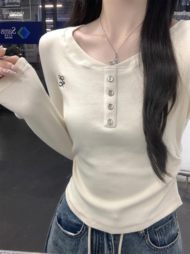 Korean Style Buttoned Round Neck Long Sleeve Slim Fit Apricot T-shirt for Women - Autumn 2025