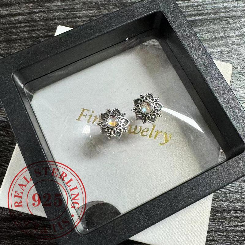 Real  Sterling Silver Vintage Flower Women’s Stud Earrings Aesthetic Elegant Ear Accessories Exquisite Party Jewelry
