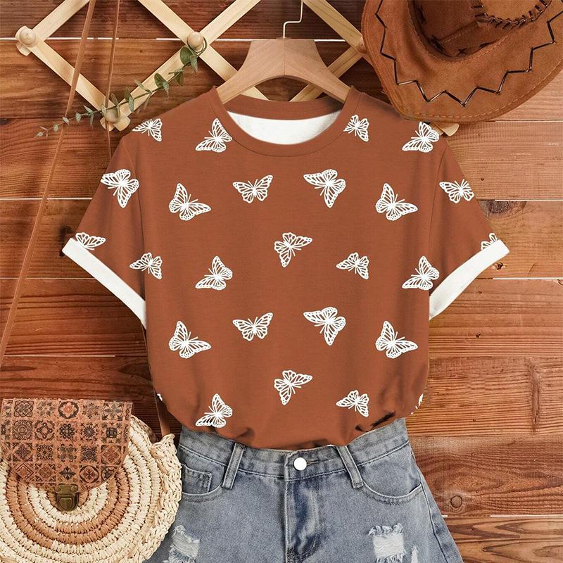 Móda Ženy Kreativní Tričko Zvířecí Butterfly Potisk Legrační Ležérní Tričko s výstřihem do O Krátké rukávy Letní Dámské Tričko