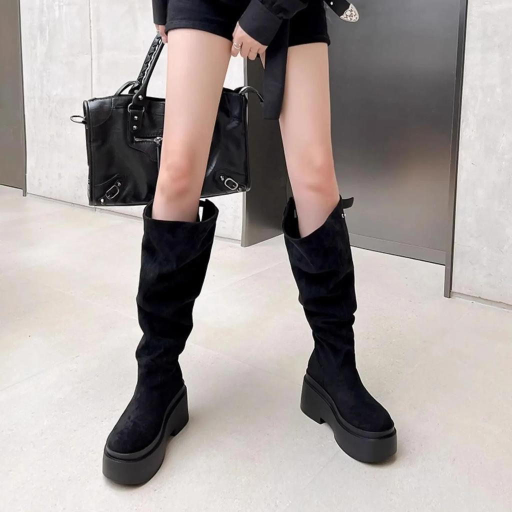 Women's Thick Heels Knee High Boots Khaki Flock Slip on Western Boots Woman Spring Autumn Soft Leather Short Botas Mujer