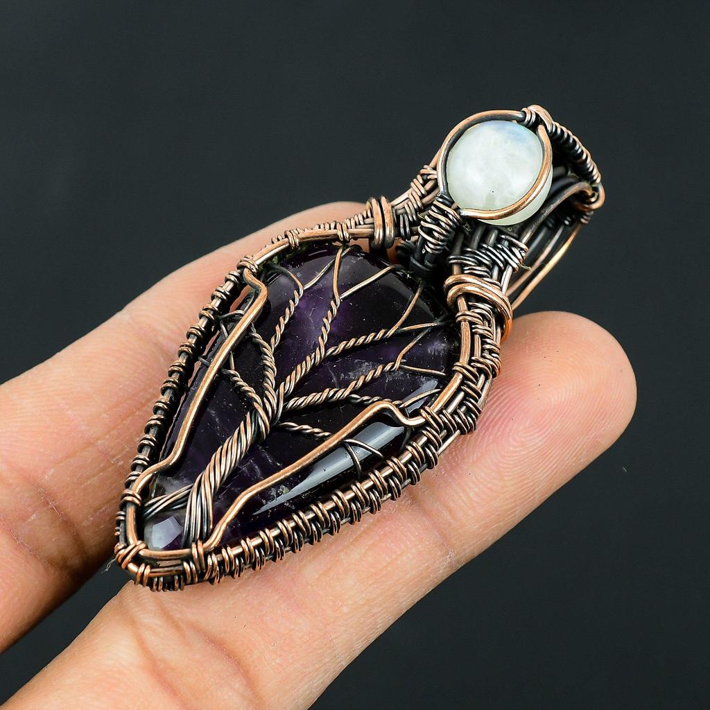 Tree of Life Wire Wrapped Amethyst & Moonstone Pendant Handmade Copper Jewelry for Women Healing Crystal Necklace Gift