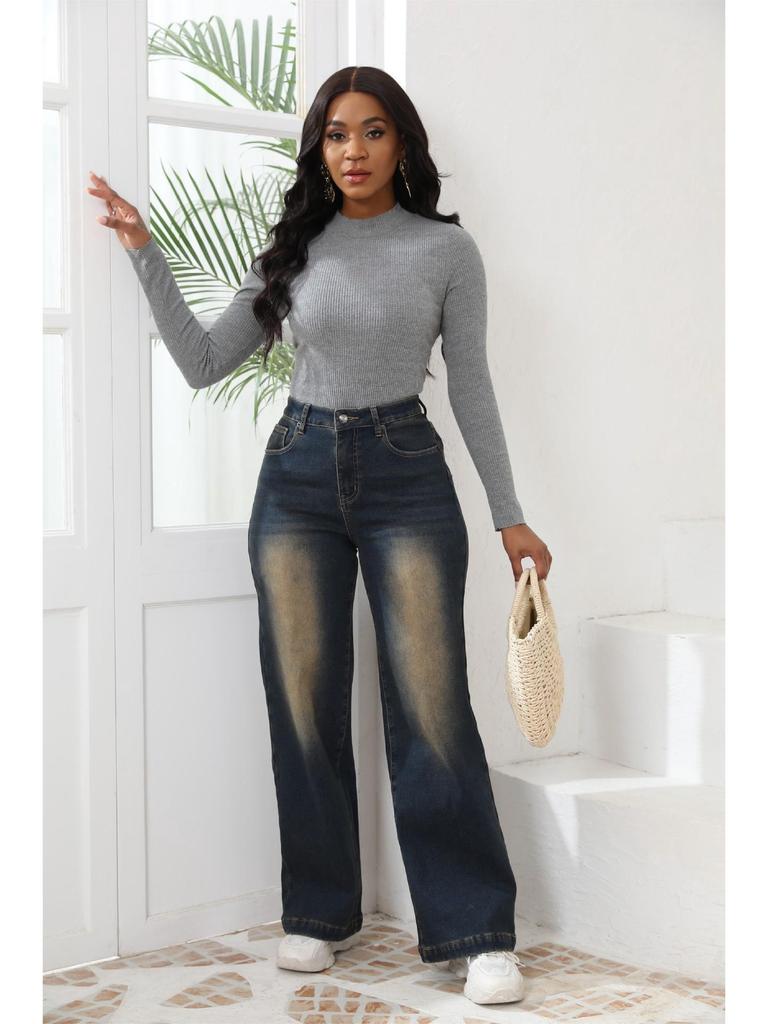 2024 Amerikanische High-Waist Straight-Leg Jeans: Trendige Damen Plus Samt Denim für Herbst/Winter