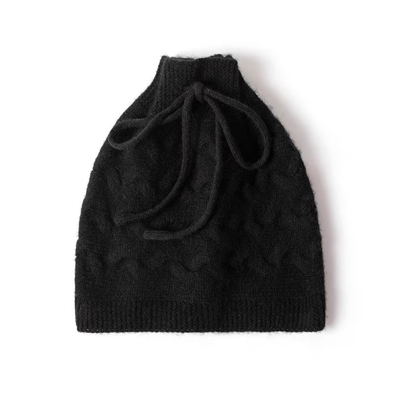% Pure wool knitted hat autumn and winter warm wool hat empty top drawstring hat bag head cold hat neck cover hat dual purpose