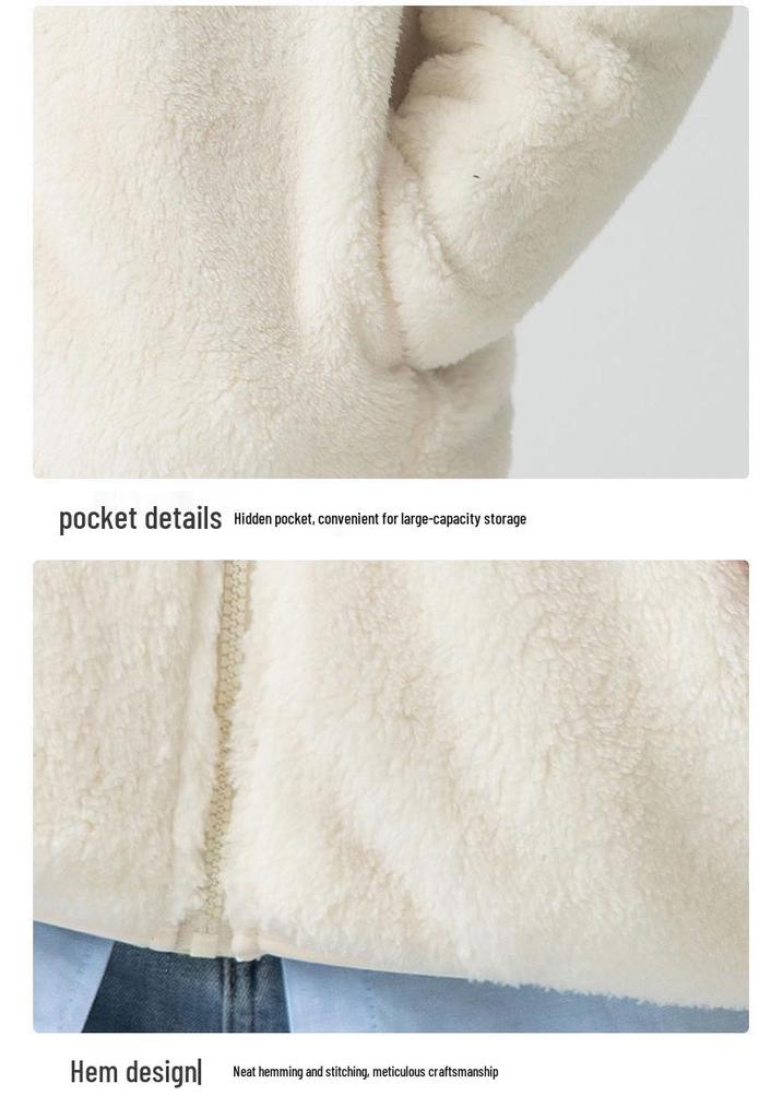 Women's Gray Double-Sided Fleece Hoodie Jacket, Plus Velvet, Thickened, Windproof Stand Collar, Long Sleeve, Warm Outerwear for Autumn/Winter