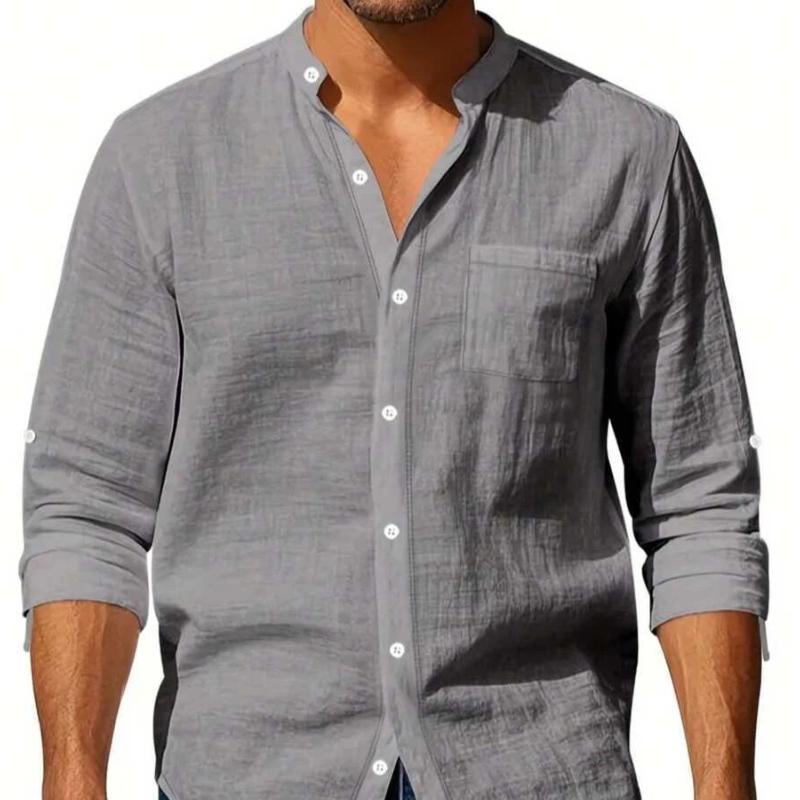 Spring Autumn Men's Cotton Linen Long Sleeve Button Up Shirt Vacation Casual Breathable Top