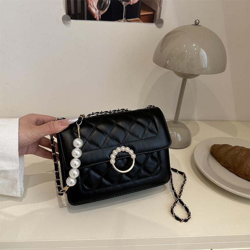 Women Korean Style Plaid Chain Pearl Small Square Shoulder Crossbody Bag