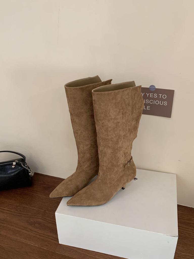 Not Tired of Feet, Autumn and Winter New Mid-heel Simple Temperament Low-heeled Pointed High Boots Rear Buckle Solid Color Wide Boots