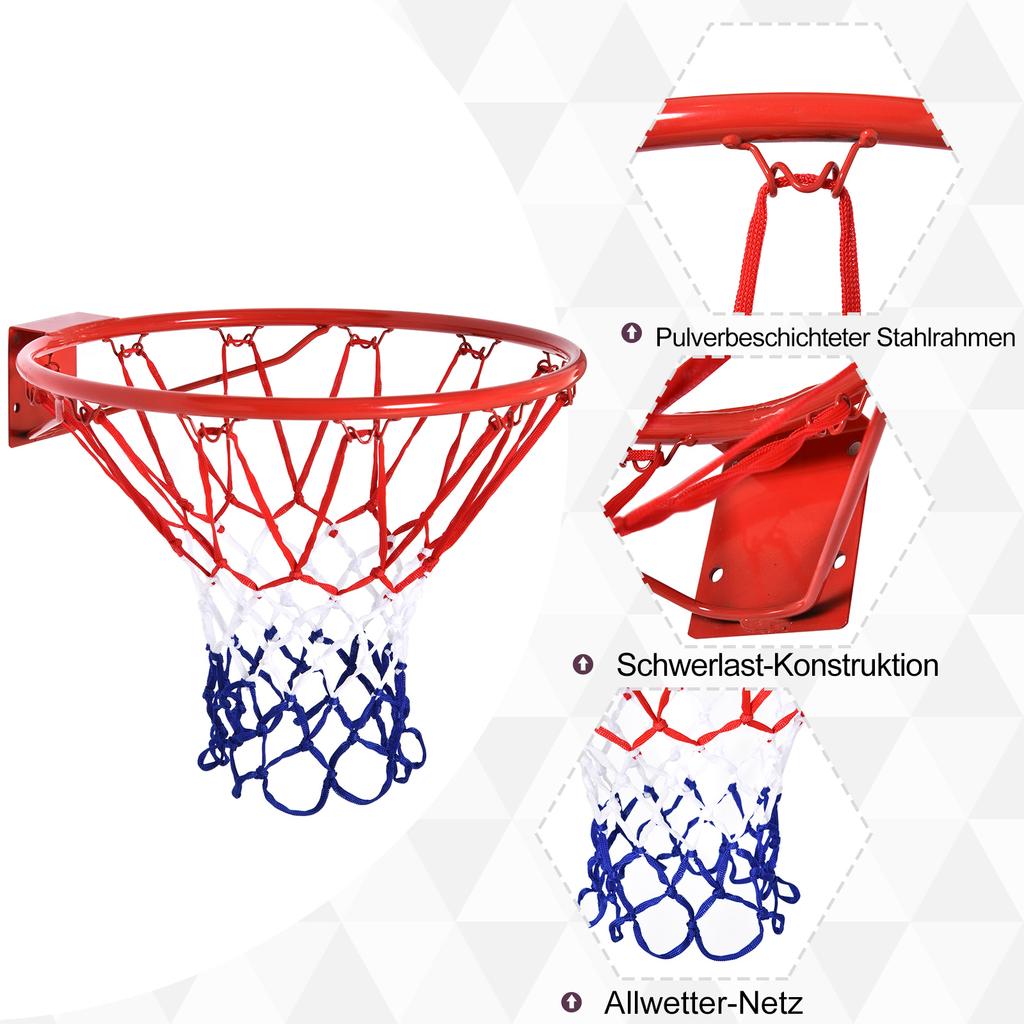 Basketball Hoop, Indoor and Outdoor, 46 cm Rim and Net, Wall Mountable, Red, Blue and White