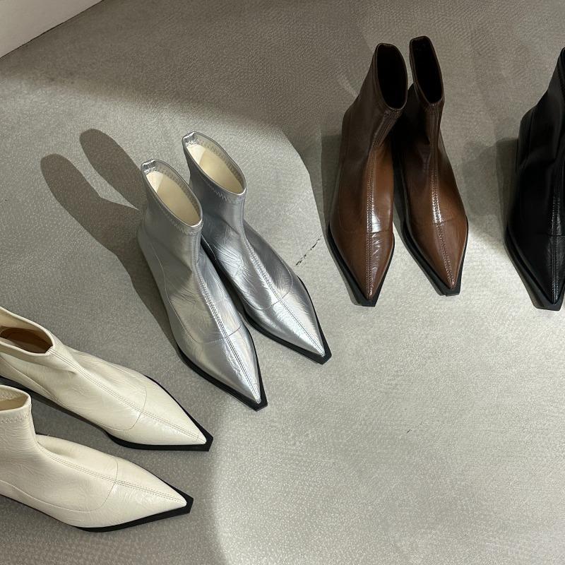 Women's Ankle Boots Fashion Pointed Toe Square Heel Middle Heels Casual Women Shoes Silvery Low Tube Large Size Short Boot