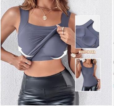 

Women s Fashion Solid Color with Chest Pad Outside Bottom Underwear Home U-Neck Vest Top S синий