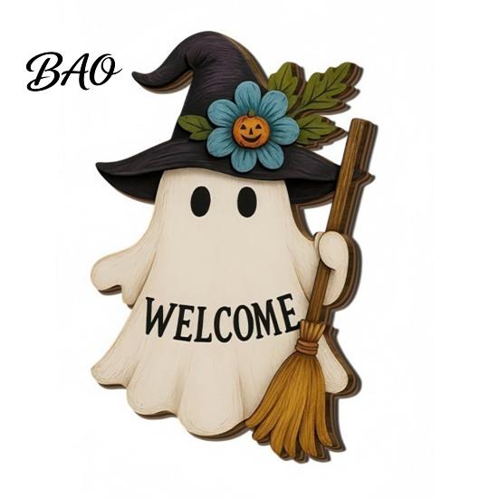 Wooden Hanging Decor Halloween Ghost Welcome Door Hanger, Cute Sign with Witch Hat & Pumpkin Rustic Wood Elements, Fall Indoor Outdoor Wall